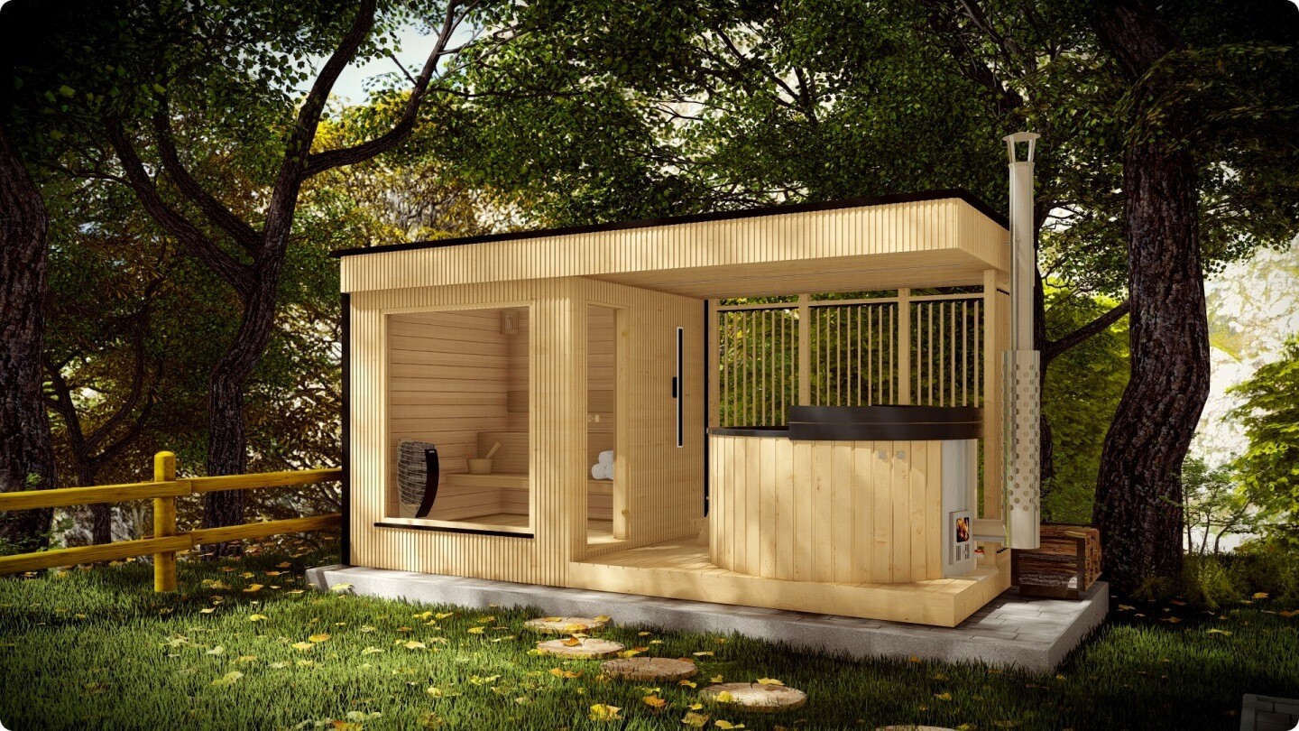 Sauna ogrodowa Banya z balią w ogrodzie wśród drzew