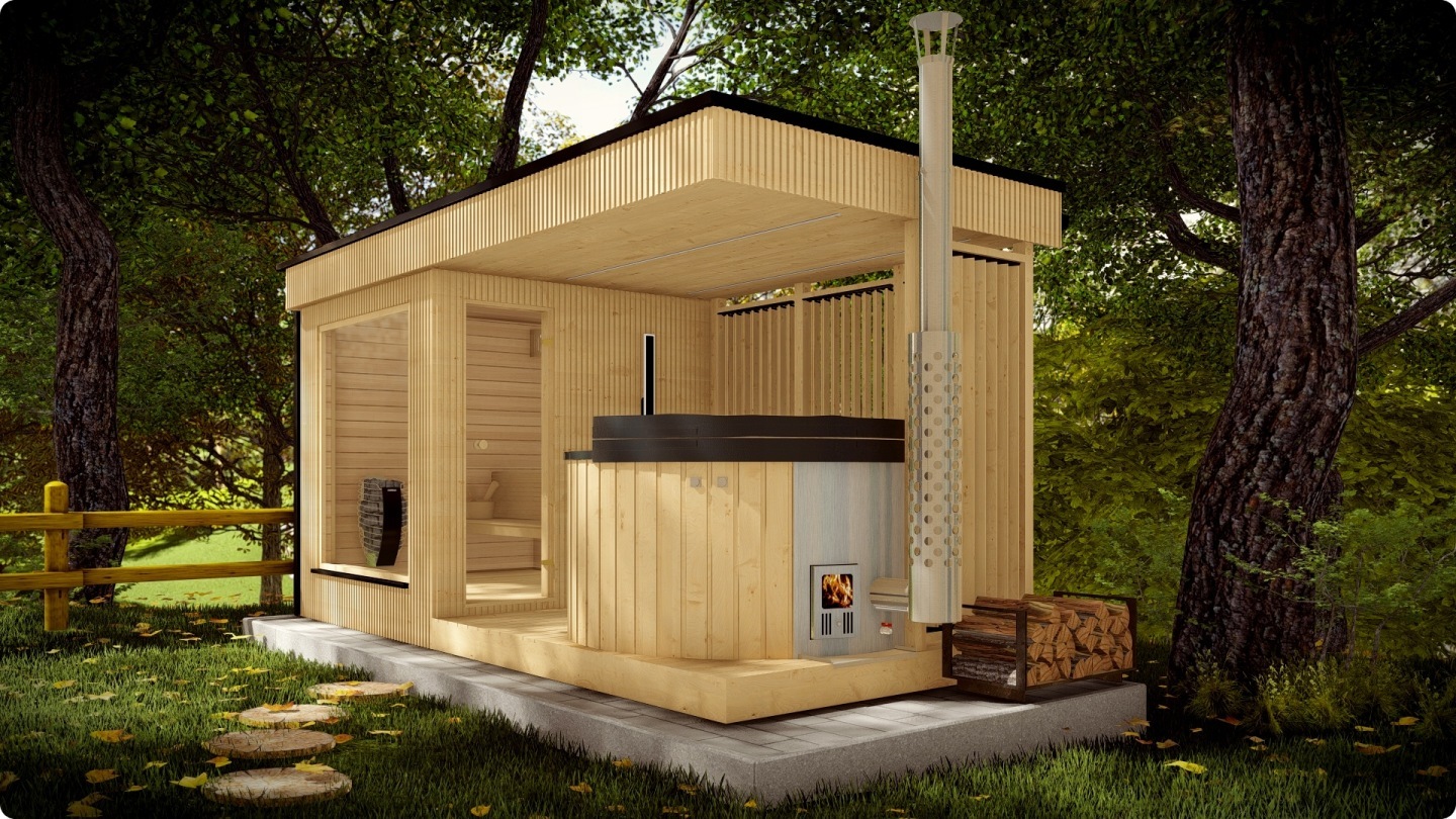 Sauna Banya w ogrodzie – widok z przodu na saunę i strefę relaksu