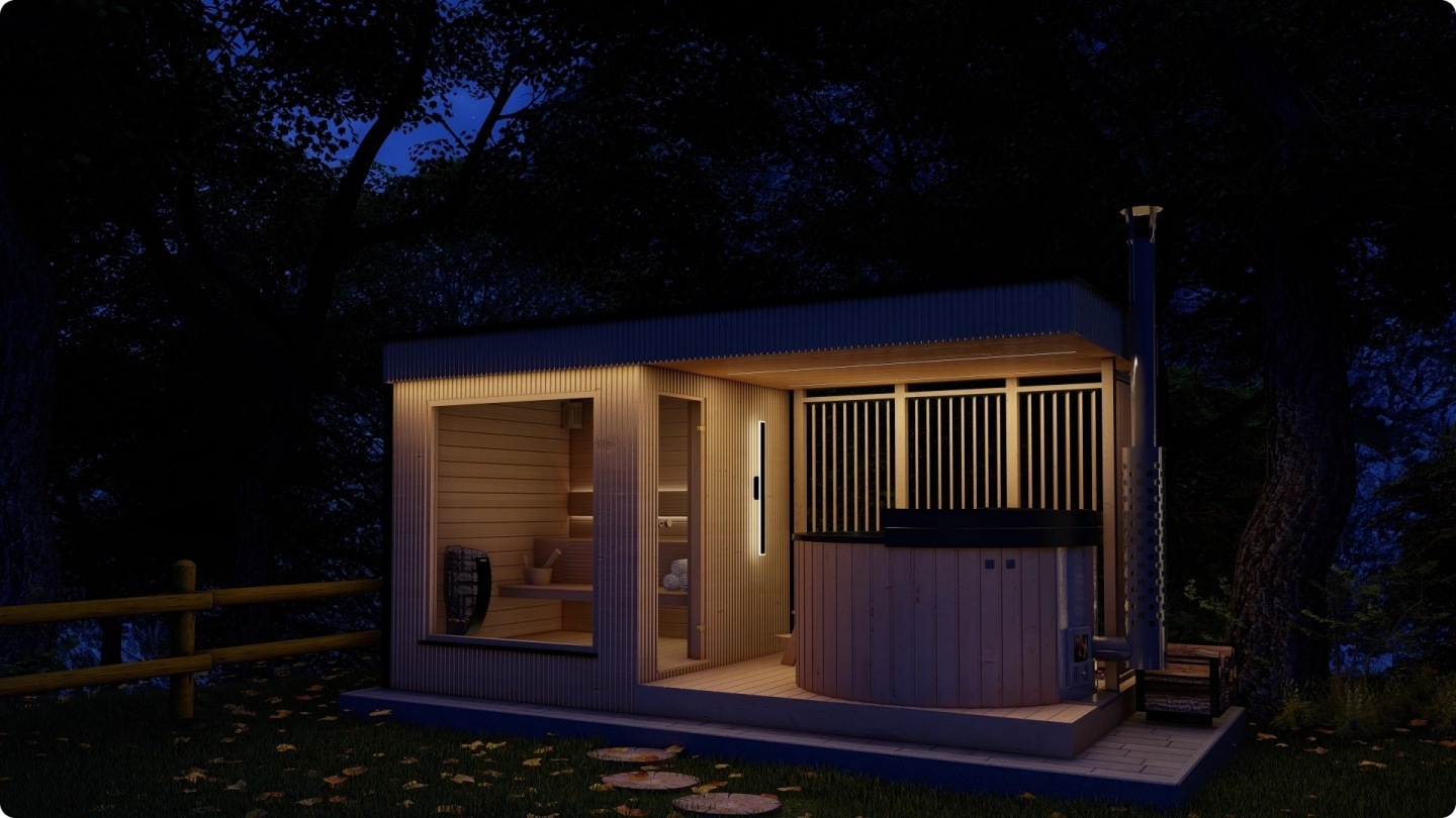 Sauna Banya wieczorem – podświetlona sauna i balia