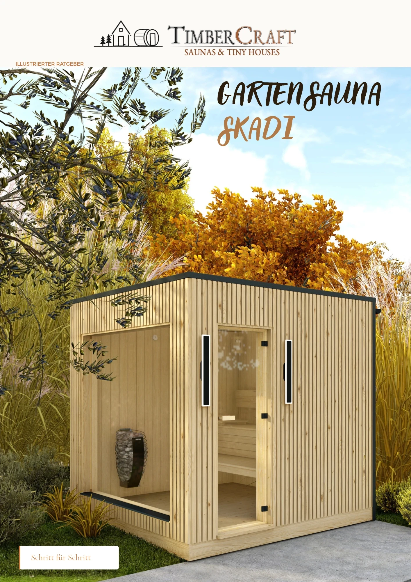 Titelbild des Ratgebers zum Bau der Gartensauna Skadi – deutsche Ausgabe