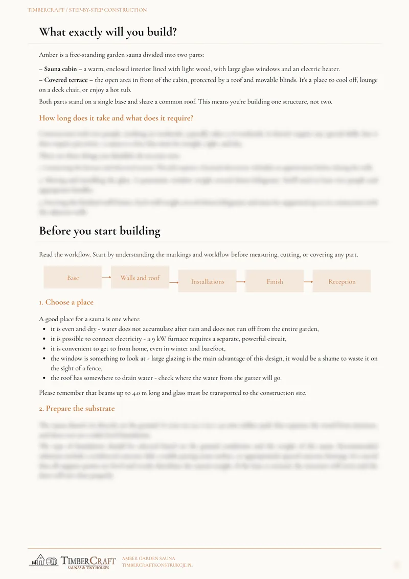 Sample page 2 from the English guide: preparing for the build and choosing a site for the sauna