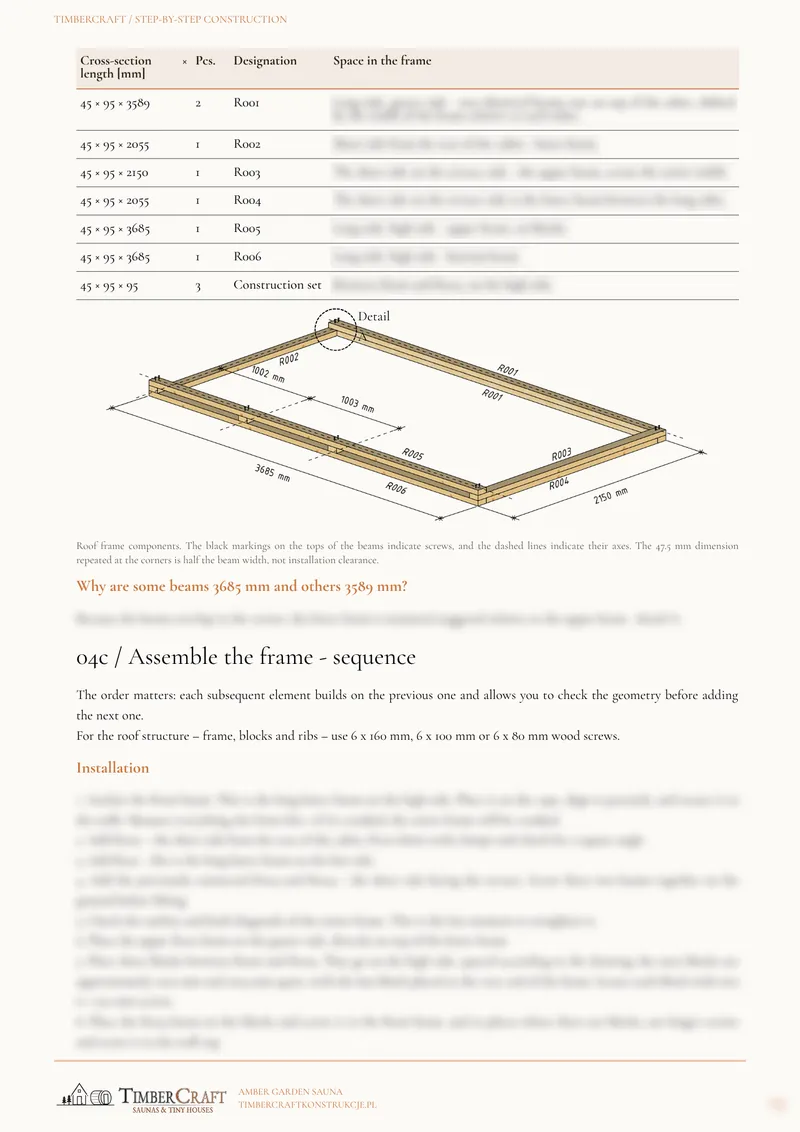 Sample page 19 from the English guide: roof frame components and assembly sequence