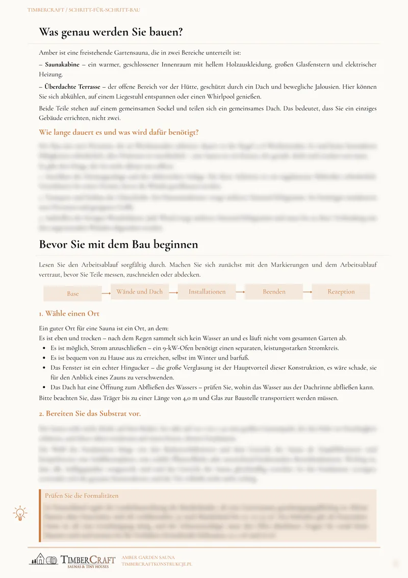Beispielseite 2 der deutschen Ausgabe: Bauvorbereitung und Standortwahl für die Sauna