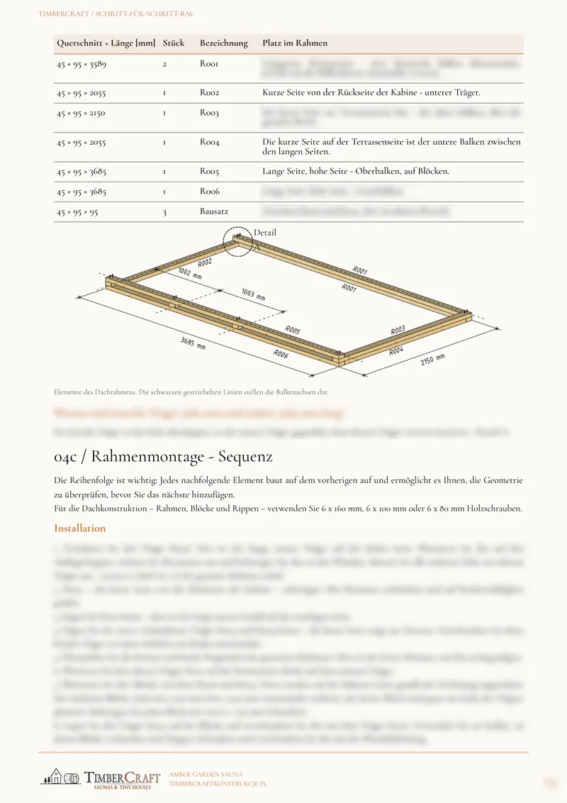 Beispielseite 19 der deutschen Ausgabe: Bauteile des Dachrahmens und Montagereihenfolge
